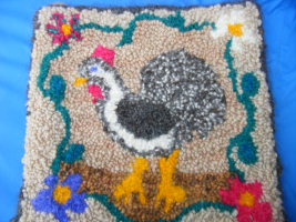 Hand Hooked Rooster Rug Using Handspun and Millspun Mohair/ Wool Yarn